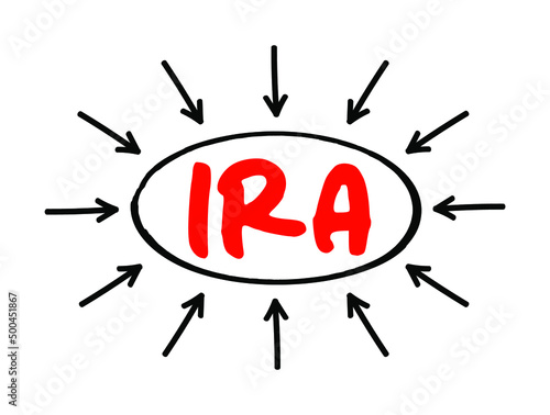 IRA - Individual Retirement Account is a form of pension provided by many financial institutions that provides tax advantages for retirement savings, acronym text with arrows