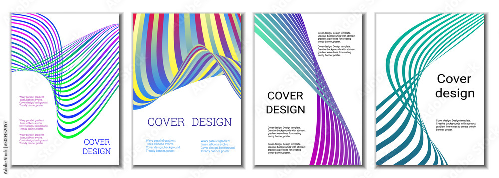 A set of 4 abstract covers. Wavy parallel gradient lines, ribbons evolve. Cover design, background. Trendy banner, poster. A set of 4 abstract covers. Wavy parallel gradient lines, ribbons evolve. Cover design, background. Trendy banner, poster.