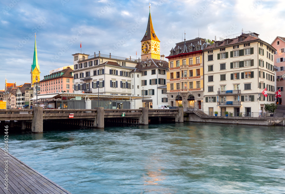 Zurich. View of the city embankment and the facades of old houses.