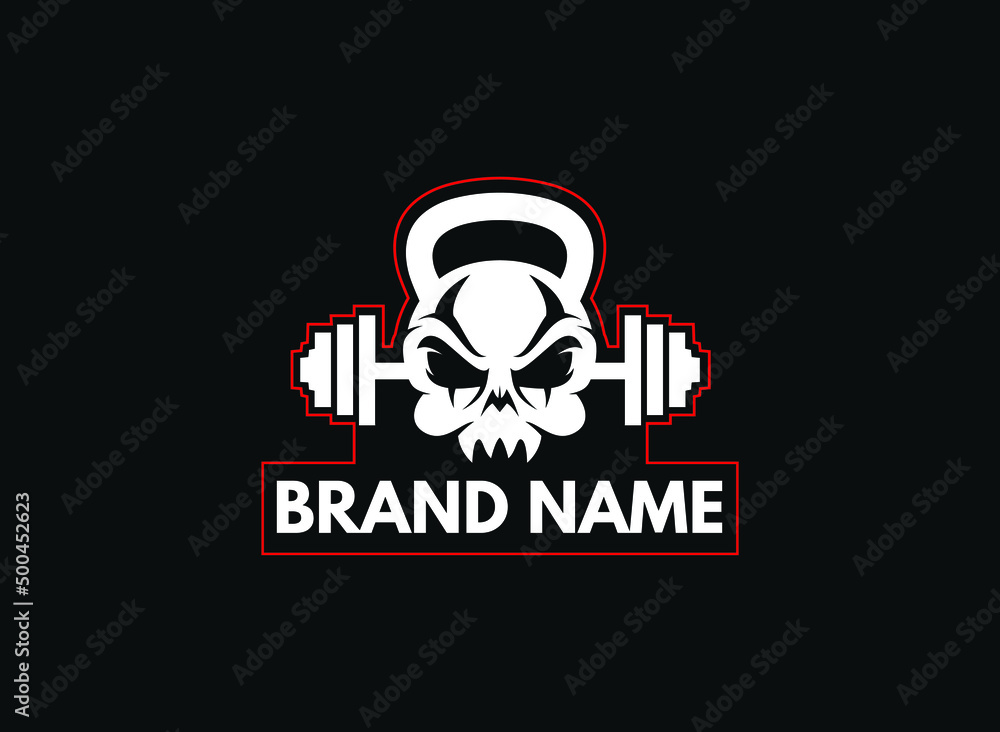fitness logo template with skull and dumbbells vector illustration