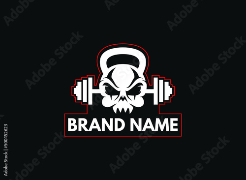 fitness logo template with skull and dumbbells vector illustration