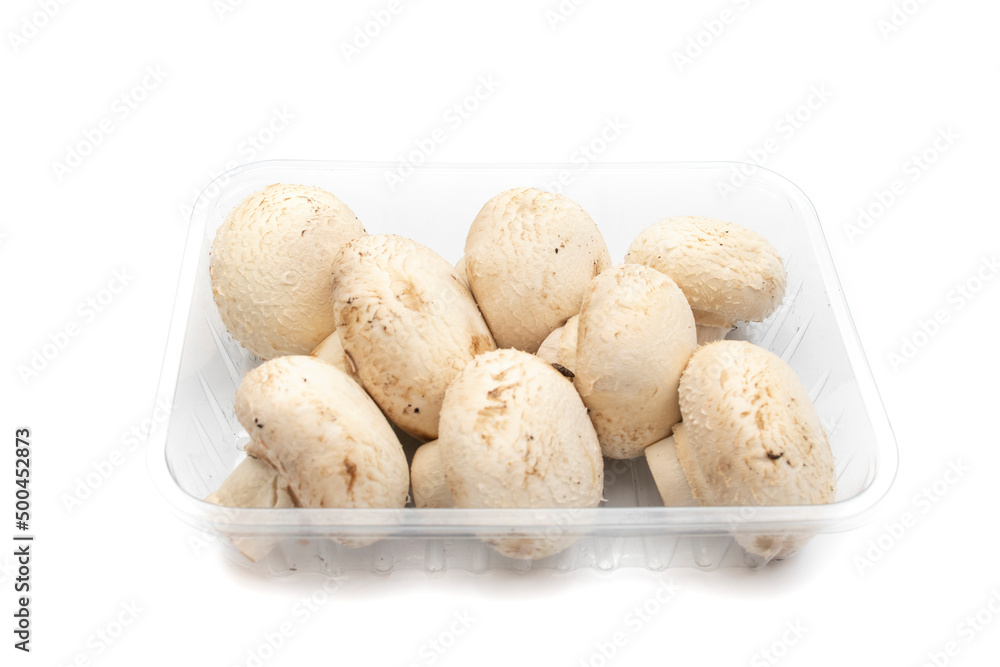 Whole mushrooms in a transparent container, isolated on white background. Scientific name is Agaricus bisporus. It is the most commonly used edible mushroom species for cooking. Whole mushrooms in a transparent container, isolated on white background. Scientific name is Agaricus bisporus. It is the most commonly used edible mushroom species for cooking.