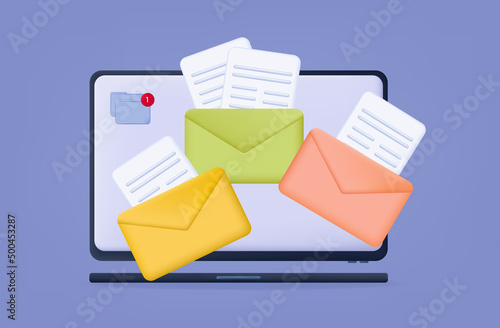 3d newsletter subscribe and send. Banner with email, news or feedback. Incoming correspondence with advertisements or business offers on the laptop screen. Reminder, viewing the letter. Vector 