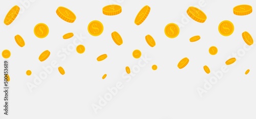 Falling coins, falling money, flying gold coins, golden rain. treasure of gold wealth with bright sparkles, money gold coins stacks concept of savings and dividends