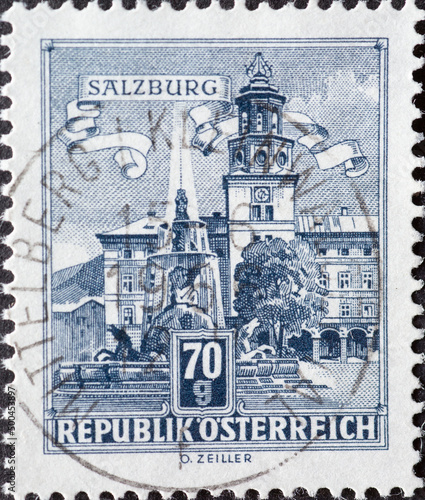 Austria - circa 1962: a postage stamp from Austria, showing the historic buildings of Residence Fountain, Salzburg