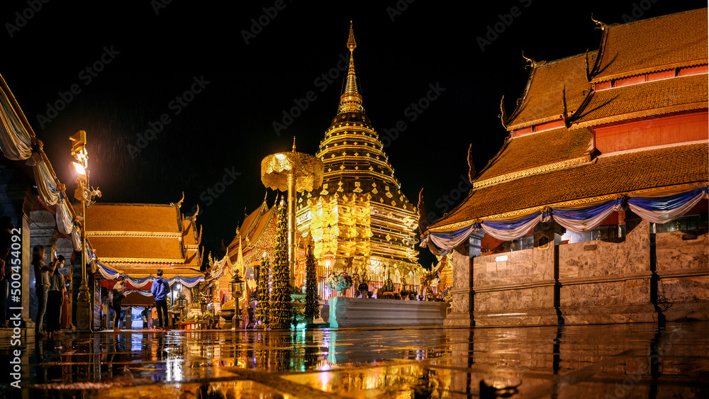 Wat Phra That Doi Suthepat night , Popular historical temple in chiangmai Thailand