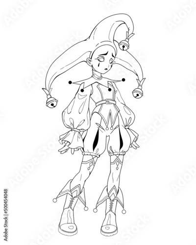 cute sad theatrical harlequin in costume and hat
