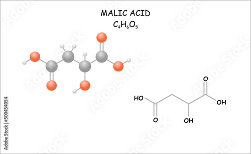 Stylized molecule model/structural formula of the fruit acid malic acid. Use as food preservative photo