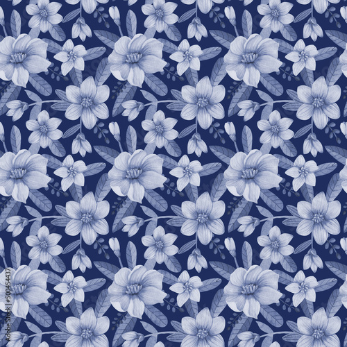 floral watercolor vintage rose flower pattern, prussian blue background