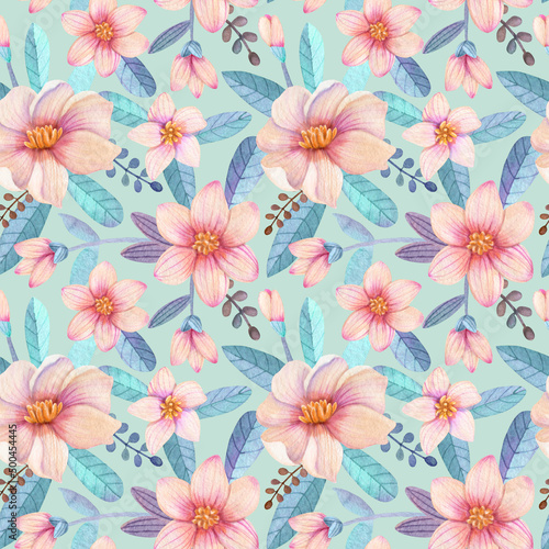 watercolor pattern with pink flowers and turquoise leaves, blossom watercolor floral pattern