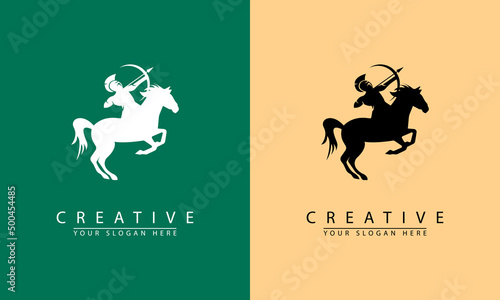 Soldier on Horse and Holding arrow vector logo icon.