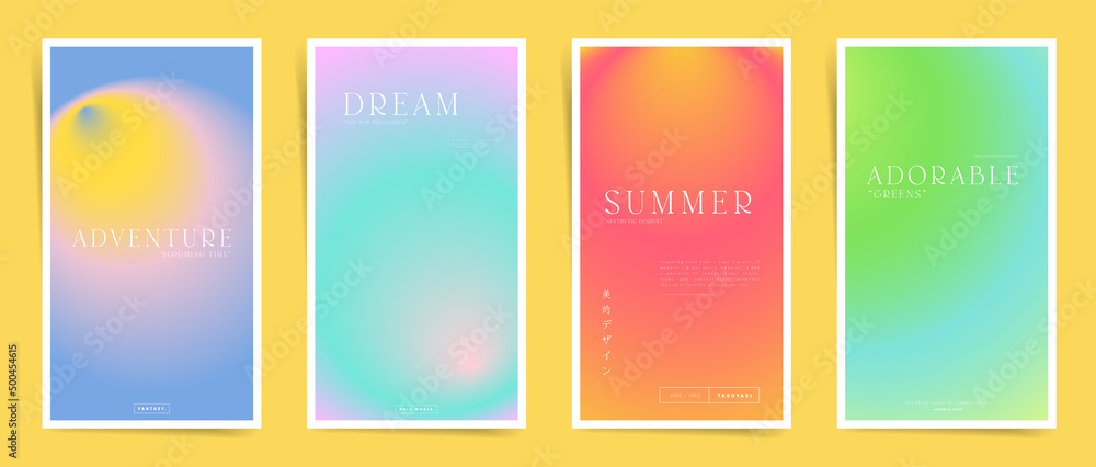 Japanese means - Aesthetic design. Summer gradient blurred frames cover template design set for poster, decorative interior placard, social media posts and stories. Duotone vector modern art.	