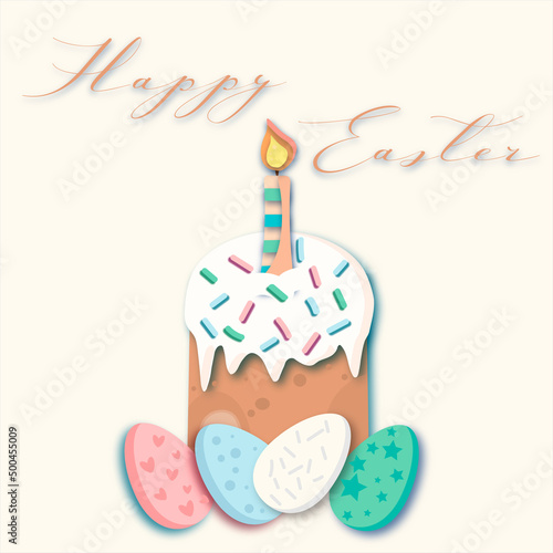 Happy easter with cake and eggs in beige