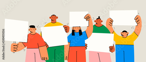 Group of diverse people standing and holding blank empty white Banners. Advertising, protest, demonstration, revolution, meeting concept. Cartoon characters. Hand drawn Vector illustration