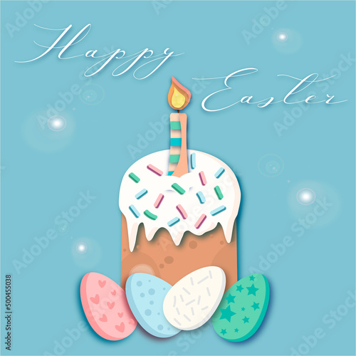 Happy easter with cake and eggs in blue