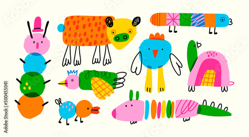 Various strange quirky creatures. Abstract monsters or fictional fantastic animals. Cute disproportionate characters. Colorful trendy Vector set. Hand drawn illustration. All elements are isolated