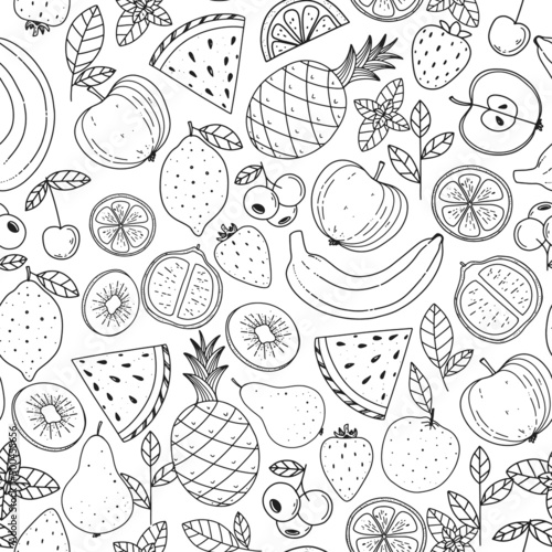 Fruits seamless pattern. Hand drawn vector illustration. Minimalist design. Scandinavian style illustration. Healthy organic food.