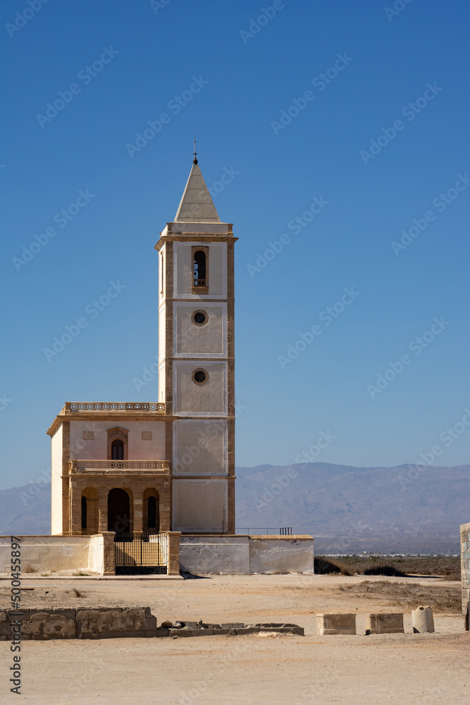 Las Salinas church in the Gata Cape Natural Park coast. Almería, Andalucía, Spain.