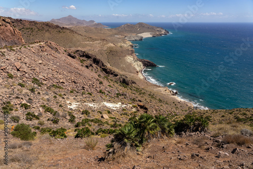 Panoramic view of cliffs and beaches in the Gata Cape Natural Park coast near San Jos  . Almer  a  Andaluc  a  Spain.