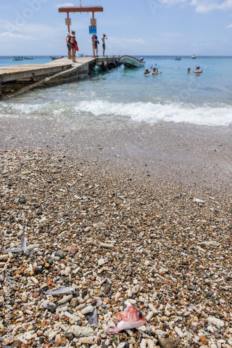 Red fish head laying as fish offal of the fishermen on the corals of Playa Grandi (Playa Piscado) on the Caribbean island Curacao photo