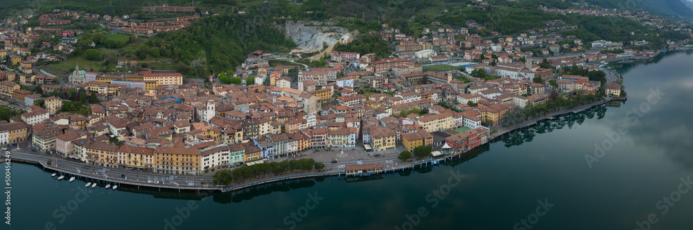 Aerial view of the whole city of Lovere overlooking the Iseo lake, Begamo, italy