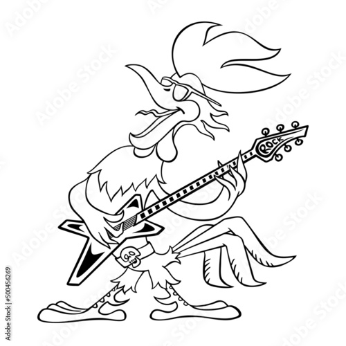 Contour image of a cheerful cockerel with a guitar isolated on white. Cartoon rooster performs rock music. Vector image. Cartoon rooster plays the electric guitar.