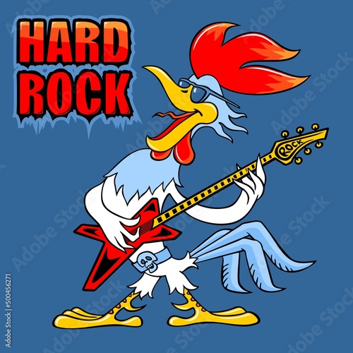 HARD ROCK inscription. Cartoon funny rooster performs rock music. Colorful vector drawing of a cockerel with a guitar. Cartoon rooster plays the electric guitar.