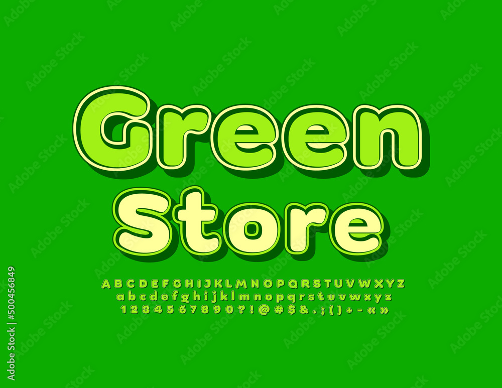 Naklejka premium Vector eco logo Green Store. Trendy style Font. Set of modern Alphabet Letters, Numbers and Symbols