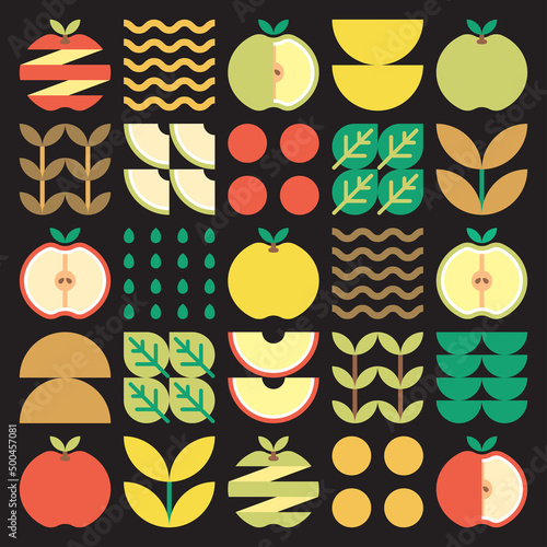Apple icon abstract artwork. Design illustration of colorful apple pattern, leaves, and geometric symbols in minimalist style. Whole fruit, cut and split. Simple flat vector on a black background.