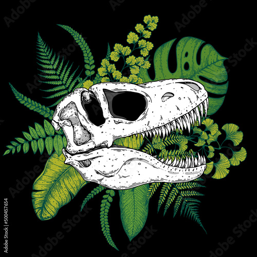 Tyrannosaurus rex and palm leaves hand drawn illustration. Tattoo vintage print. Hand drawn floral print. Tattoo design. Jungle print. Tropical illustration.