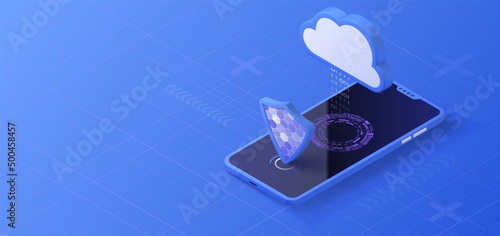Cloud storage isometric illustration. Data server platform. Computer service technology. Network infrastructure.