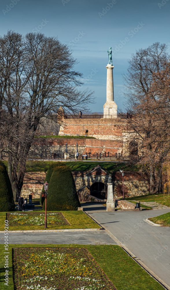 Kalemegdan fortress and Victor monument Belgrade, Usce Sava and Danube confluence view at sunny day