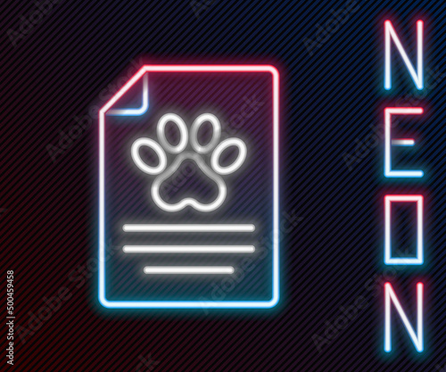 Glowing neon line Clipboard with medical clinical record pet icon isolated on black background. Health insurance form. Medical check marks report. Colorful outline concept. Vector