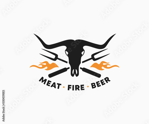 Bull skull with long horn logo. Skull logo design template. BBQ vector design with a cow skull and crossed utensils