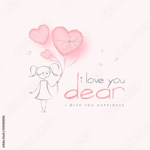 I love you dear pink card with a girl holding hearts