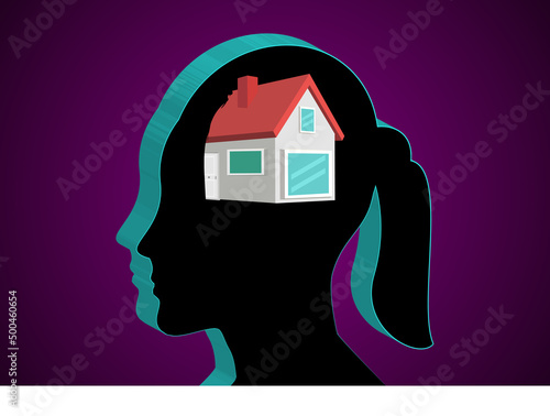 Silueta de la cabeza de una mujer con una casa en mente. Mujer y vivienda