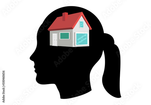 Silueta de la cabeza de una mujer con una casa en mente. Mujer y vivienda