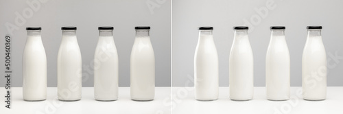 Packaging for dairy products, glass bottles for milk isolated on white background. Unmarked bottles filled with milk.