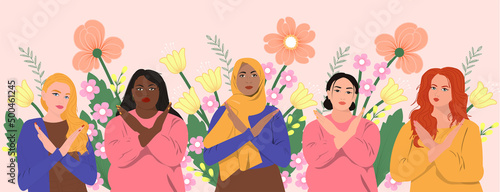 Horizontal poster with women with different skin color and ethnic groups cross arms