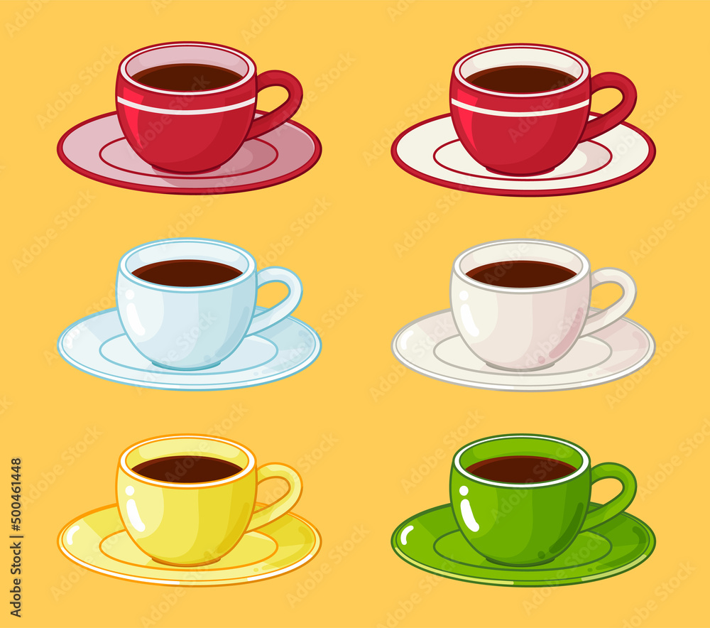 six coffee cups with saucers in different colors six coffee cups with saucers in different colors