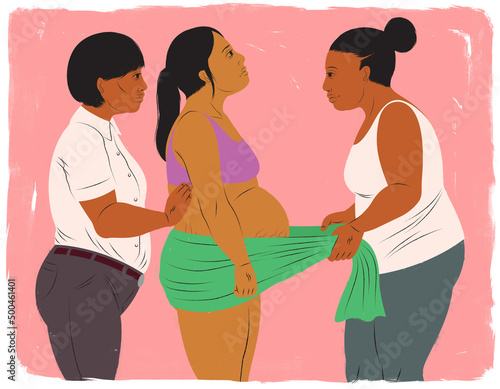 Two doulas helping a pregnant woman during childbirth labor with rebozo technique