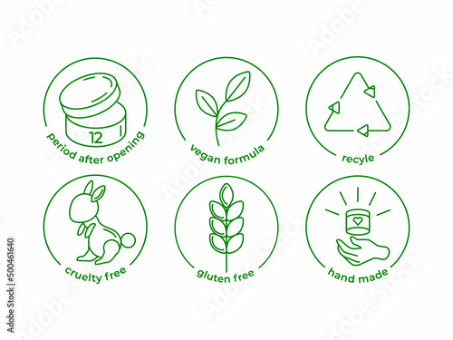 Set of information icons for labeling and packaging of green cosmetics with inscriptions