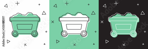 Set Mine cart with gold icon isolated on white and green, black background. Vector