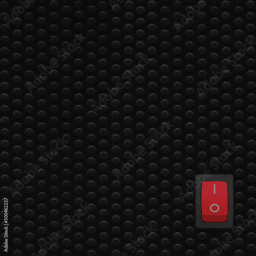 Red rectangle rocker power switch in on position, black abstract dot texture frame vertical pattern, natural blank empty copy space background, mains supply pictogram symbol button, large detailed