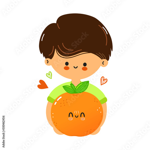 Cute funny boy hold mandarin in hand. Little boy hugs cute mandarin. Isolated on white background emoji,child,baby,adorable,kids,citrus,cartoon,doodle,character
