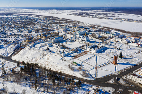 Tobolsk in winter. Tobolsk Kremlin - the sole stone fortress in Siberia. Aerial view.