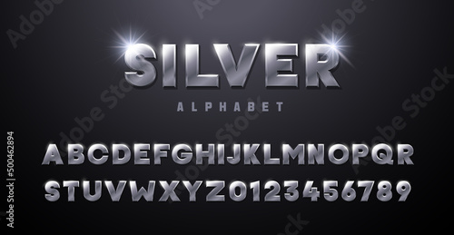 Silver Alphabet. Metallic font 3d effect typographic elements. Mettalic stainless steel three dimensional typeface effect