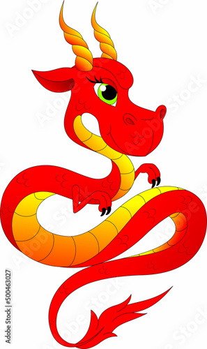 oriental dragon of red color, cute and friendly