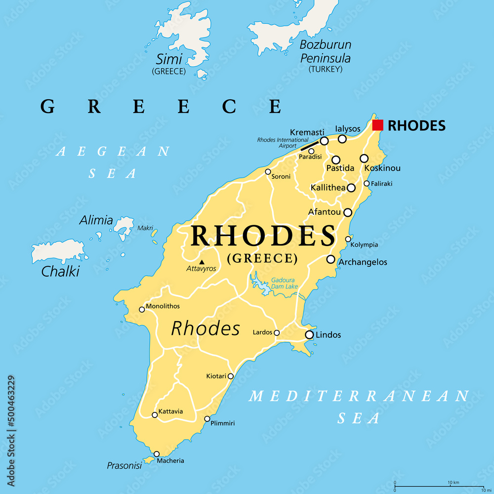 Rhodes, Greek island, political map. Largest of Dodecanese islands of Greece, in Mediterranean Sea, with several nicknames, such as Island of the Sun, The Pearl Island, and The Island of the Knights. - obrazy, fototapety, plakaty 