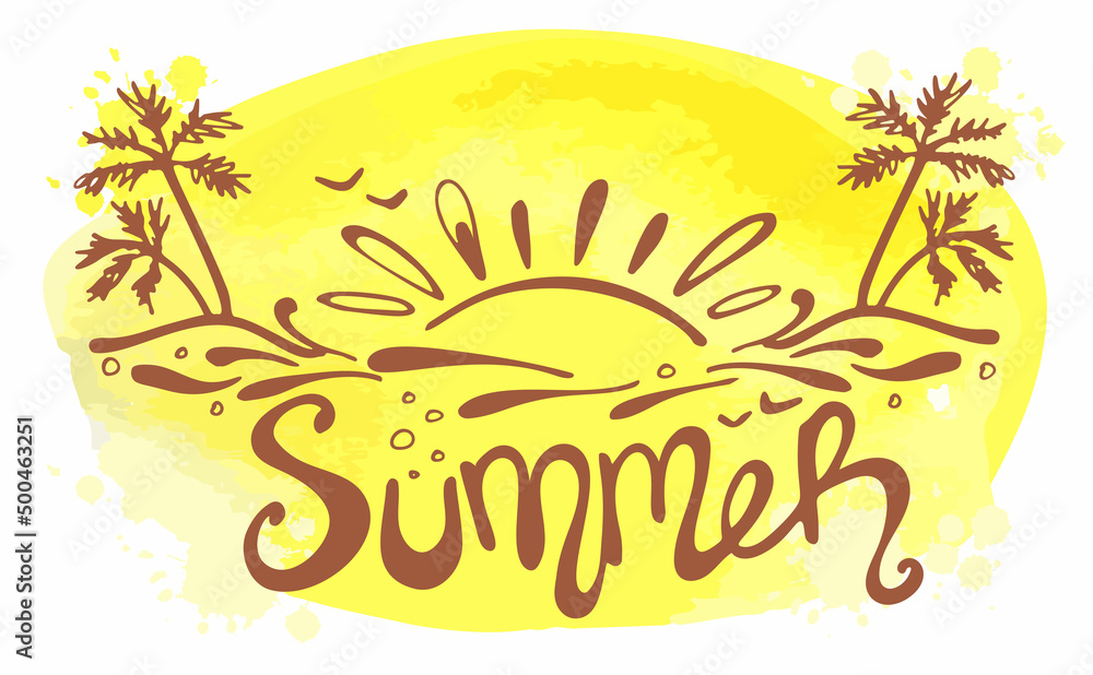 Hand drawn sunset, palm trees and lettering Summer on yellow background. Vector illustration. Perfect for greeting card, postcard, print, banner.
